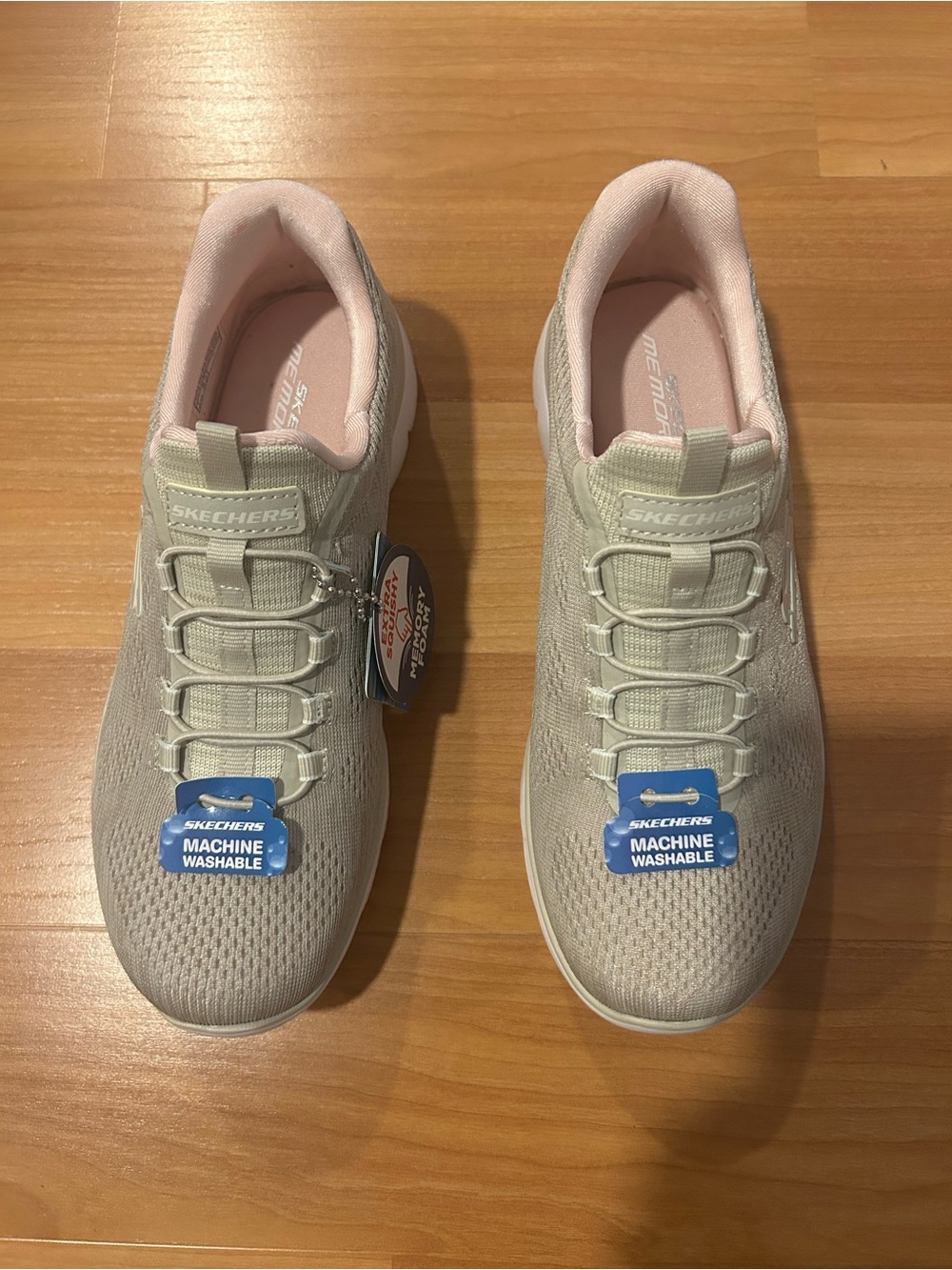 Skechers Women's Light Beige Knit Slip-On Sneakers with Pink Interior